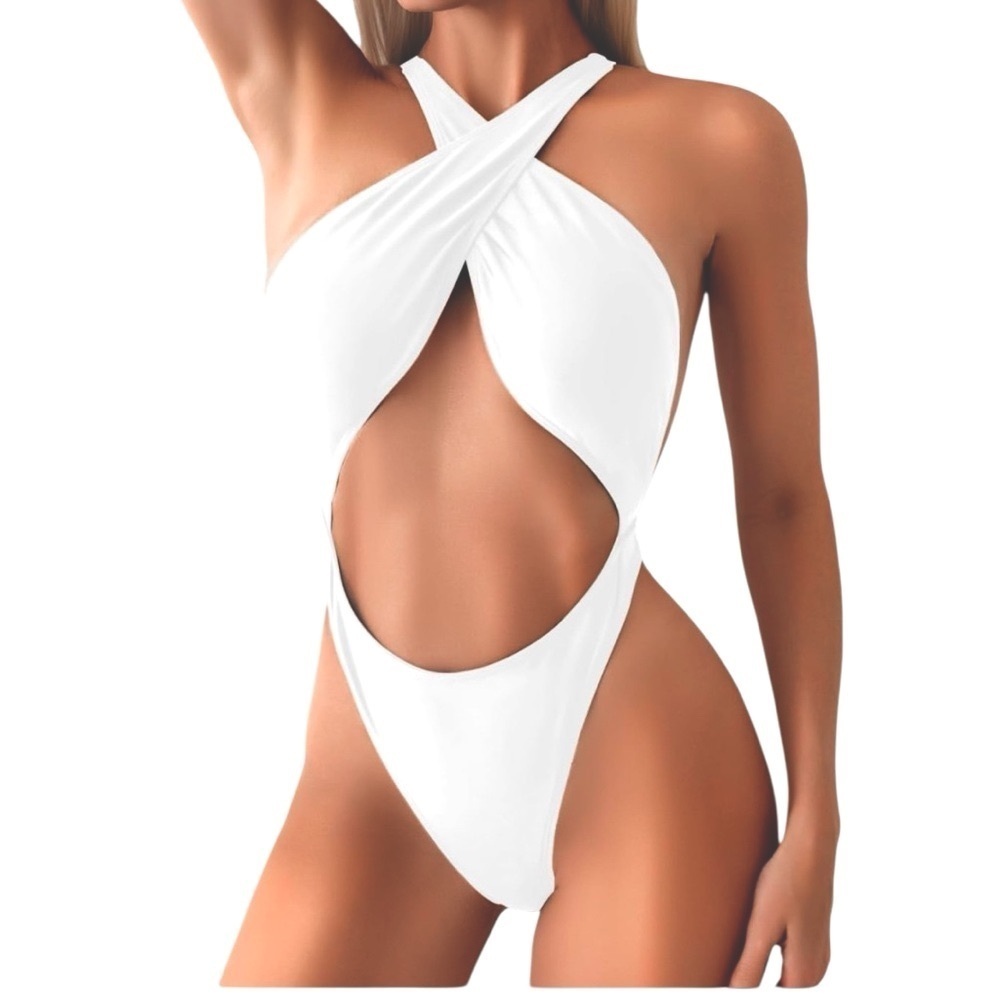 Sexy White Cutout CrissCross Thong Monokini Swimsuit One Piece Padded Bra NWOT